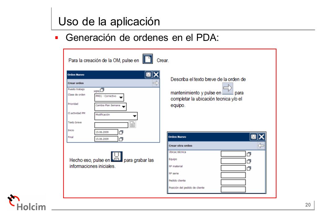 Uso de la aplicación Generación de ordenes en el PDA: