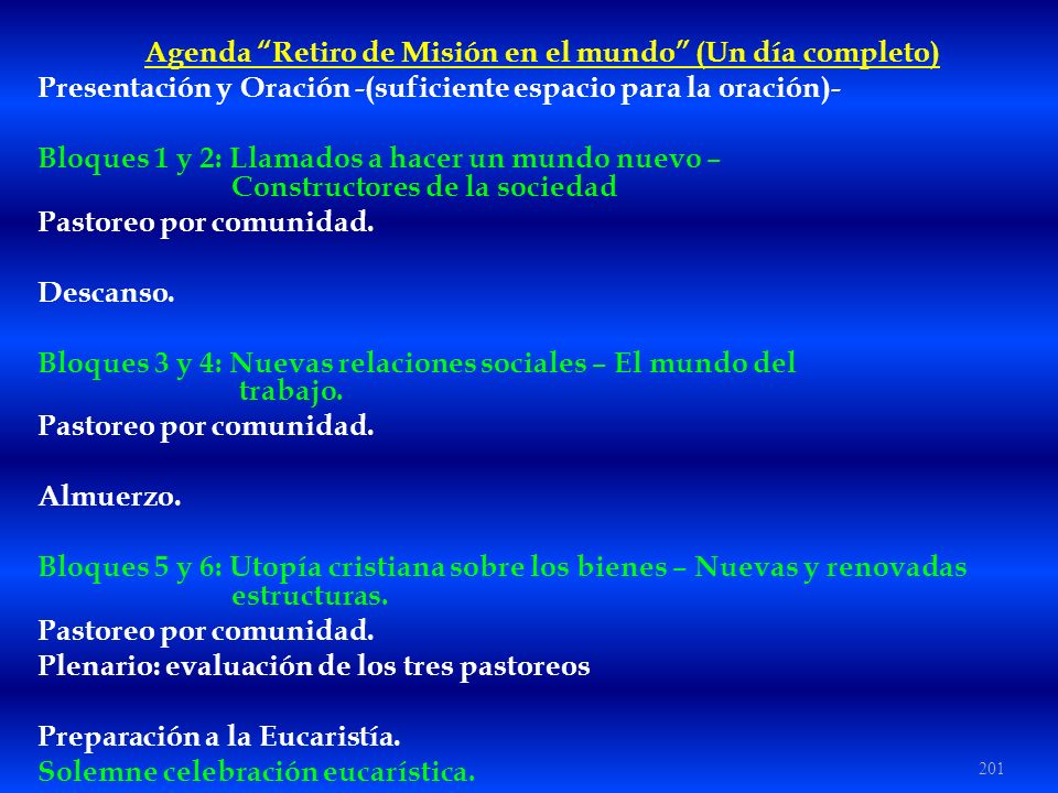 Agenda Retiro de Misión en el mundo (Un día completo)