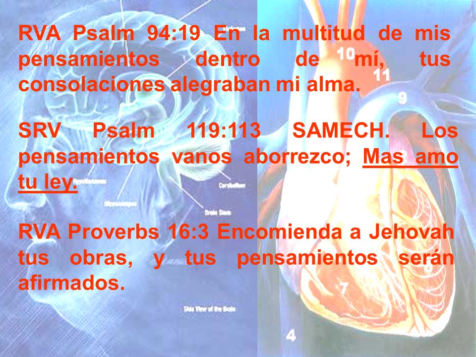 RVA Psalm 94:19 En la multitud de mis pensamientos dentro de mí, tus consolaciones alegraban mi alma.