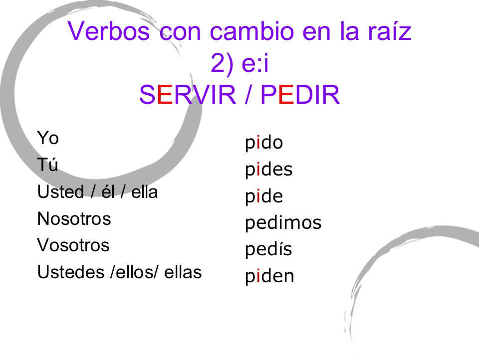 Verbos con cambio en la raíz 2) e:i SERVIR / PEDIR