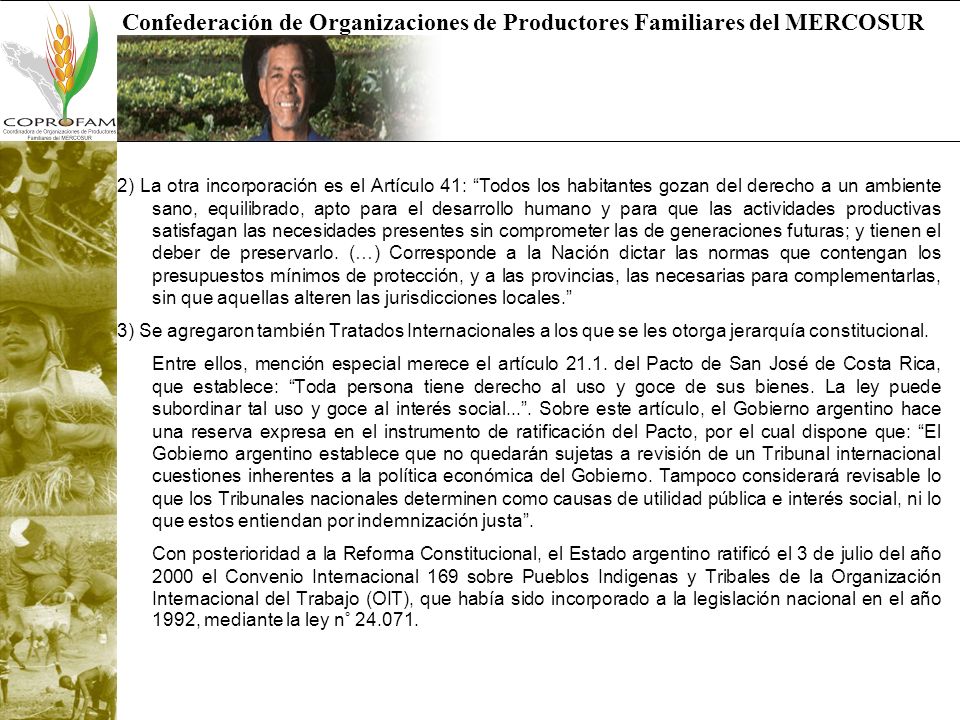2) La otra incorporación es el Artículo 41: Todos los habitantes gozan del derecho a un ambiente sano, equilibrado, apto para el desarrollo humano y para que las actividades productivas satisfagan las necesidades presentes sin comprometer las de generaciones futuras; y tienen el deber de preservarlo. (…) Corresponde a la Nación dictar las normas que contengan los presupuestos mínimos de protección, y a las provincias, las necesarias para complementarlas, sin que aquellas alteren las jurisdicciones locales.