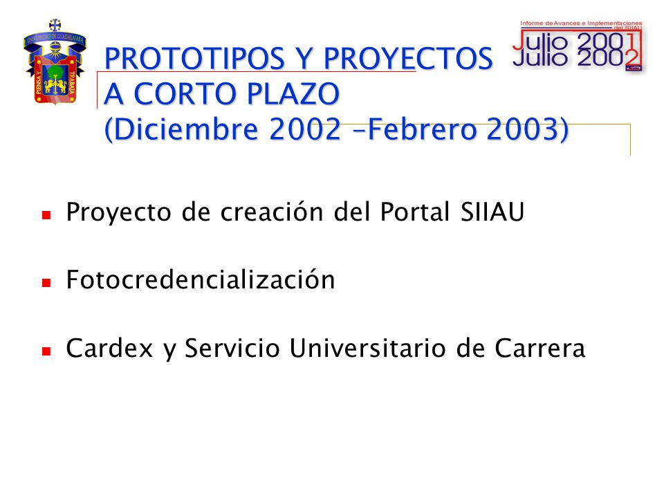 PROTOTIPOS Y PROYECTOS A CORTO PLAZO (Diciembre 2002 –Febrero 2003)