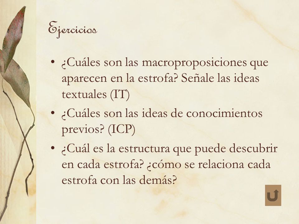 Ejercicios ¿Cuáles son las macroproposiciones que aparecen en la estrofa Señale las ideas textuales (IT)