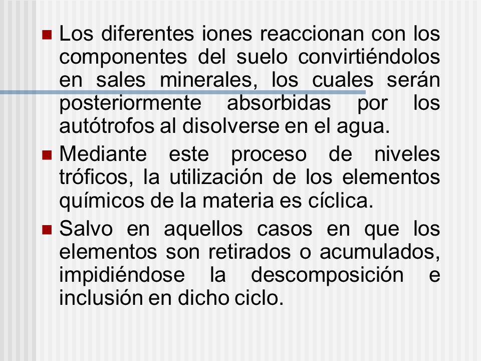 Los diferentes iones reaccionan con los componentes del suelo convirtiéndolos en sales minerales, los cuales serán posteriormente absorbidas por los autótrofos al disolverse en el agua.