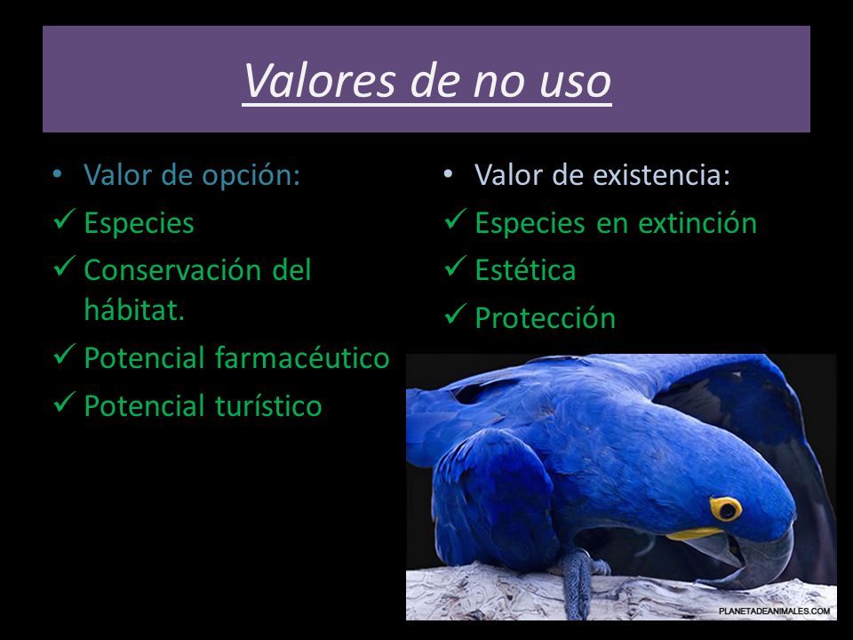 Valores de no uso Valor de opción: Especies Conservación del hábitat.