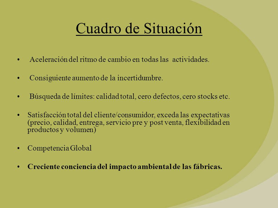 Cuadro de Situación Aceleración del ritmo de cambio en todas las actividades. Consiguiente aumento de la incertidumbre.