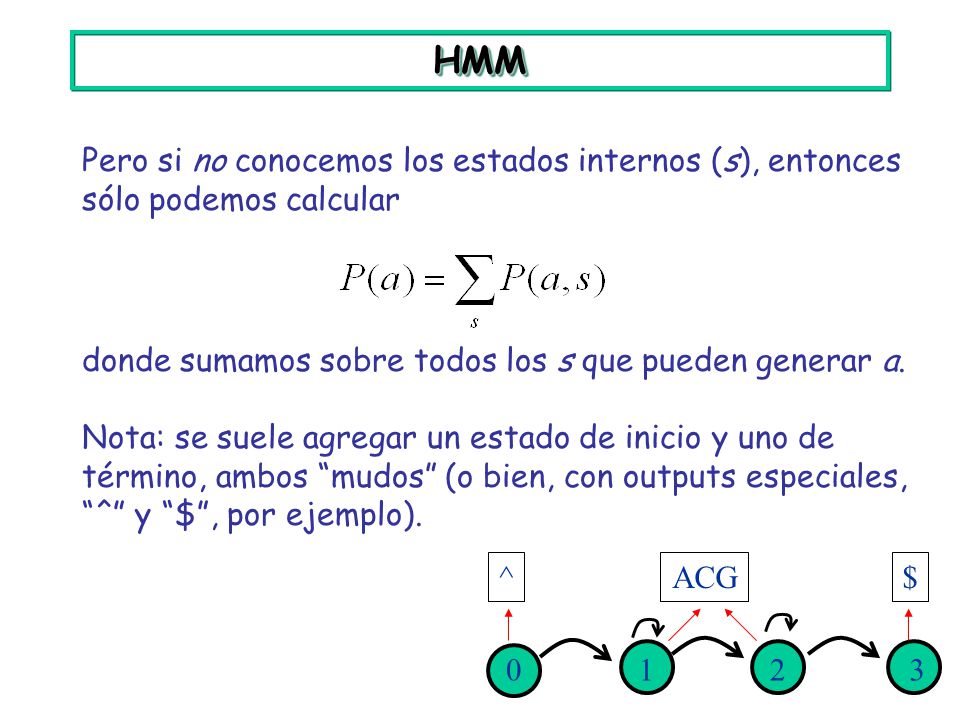 HMM Pero si no conocemos los estados internos (s), entonces sólo podemos calcular. donde sumamos sobre todos los s que pueden generar a.