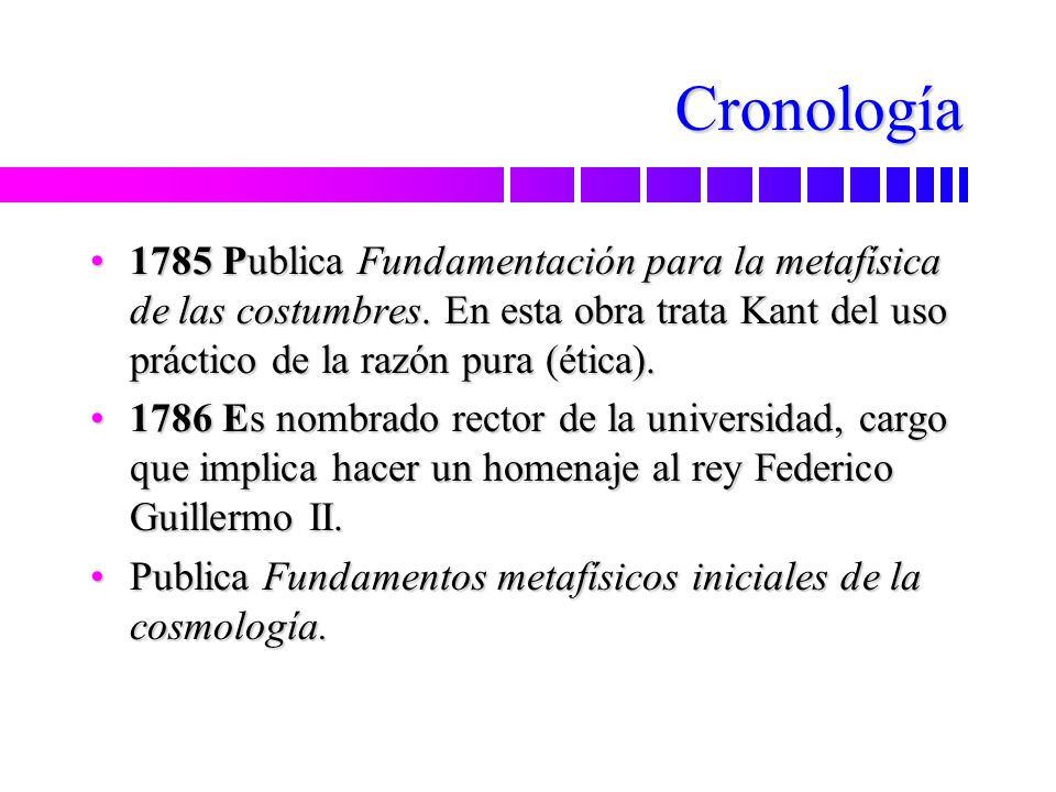 Cronología 1785 Publica Fundamentación para la metafísica de las costumbres. En esta obra trata Kant del uso práctico de la razón pura (ética).