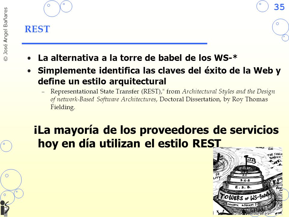 REST La alternativa a la torre de babel de los WS-* Simplemente identifica las claves del éxito de la Web y define un estilo arquitectural.