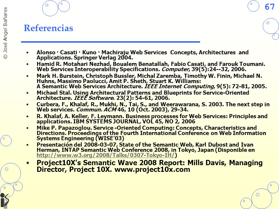 Referencias Alonso · Casati · Kuno · Machiraju Web Services Concepts, Architectures and Applications. Springer Verlag