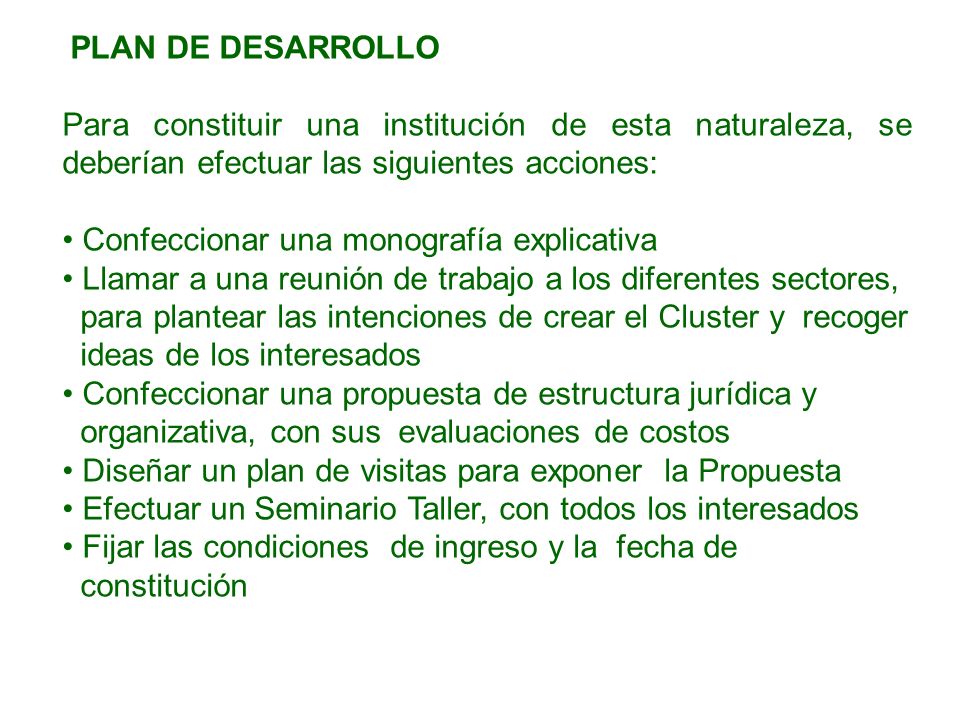 PLAN DE DESARROLLO Para constituir una institución de esta naturaleza, se deberían efectuar las siguientes acciones: