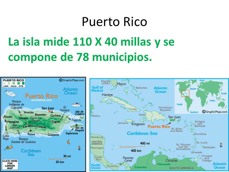Puerto Rico La isla mide 110 X 40 millas y se compone de 78 municipios.
