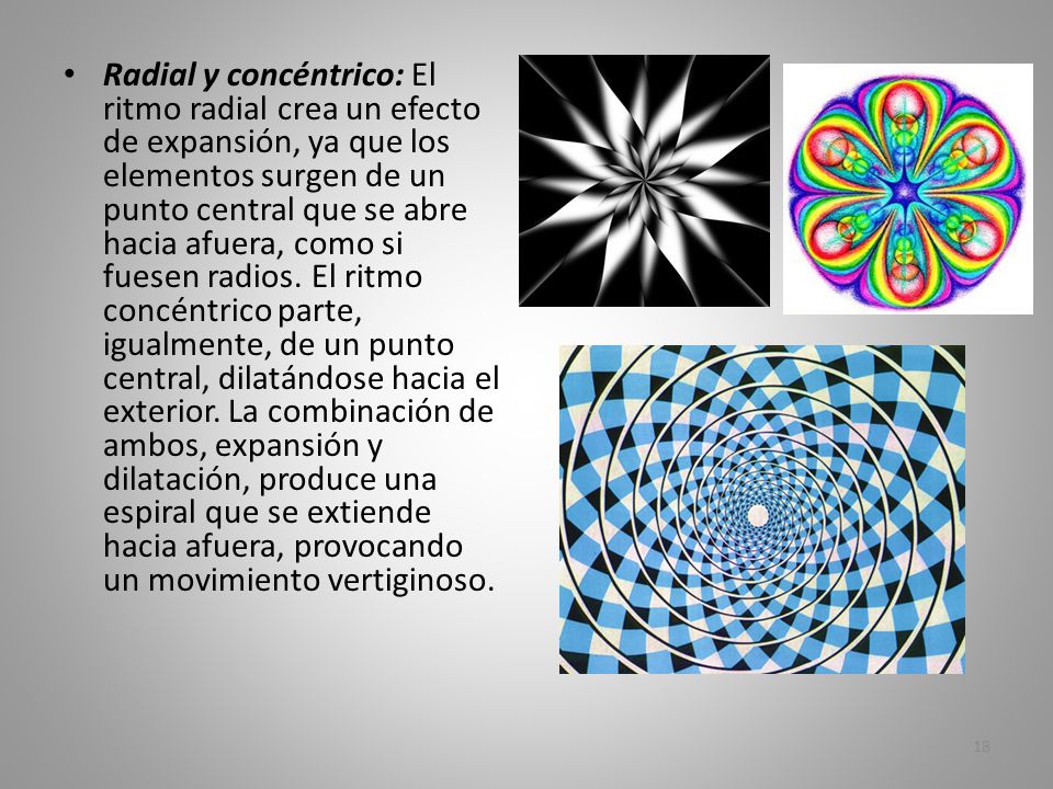 Radial y concéntrico: El ritmo radial crea un efecto de expansión, ya que los elementos surgen de un punto central que se abre hacia afuera, como si fuesen radios.
