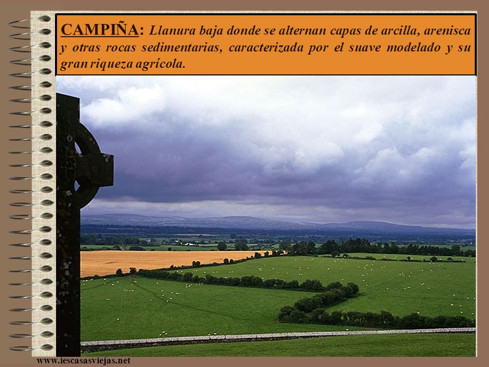 CAMPIÑA: Llanura baja donde se alternan capas de arcilla, arenisca y otras rocas sedimentarias, caracterizada por el suave modelado y su gran riqueza agrícola.