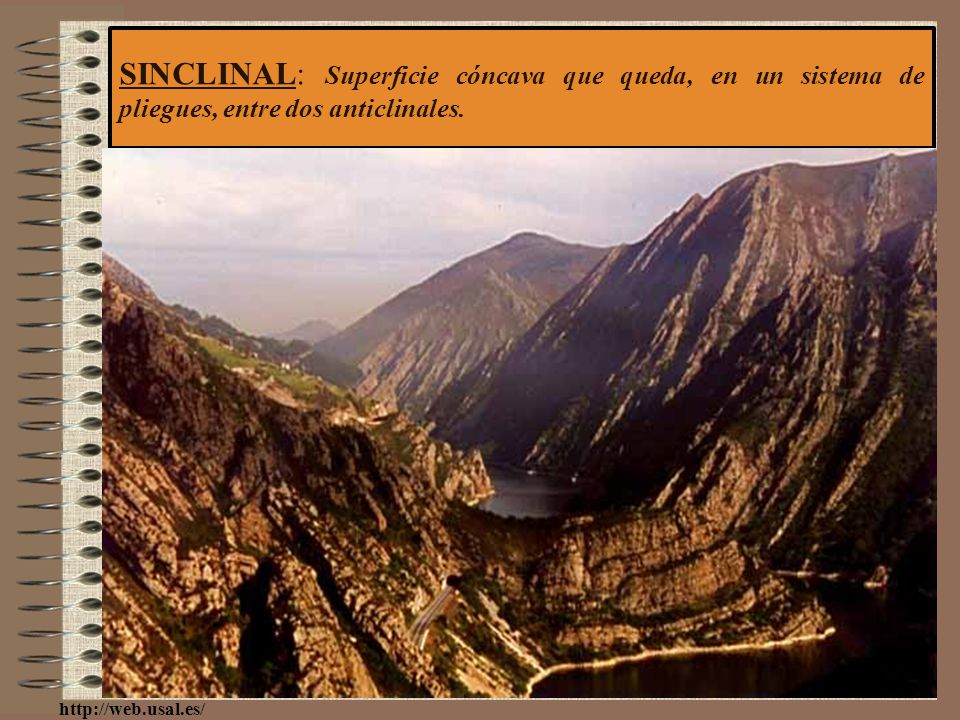 SINCLINAL: Superficie cóncava que queda, en un sistema de pliegues, entre dos anticlinales.
