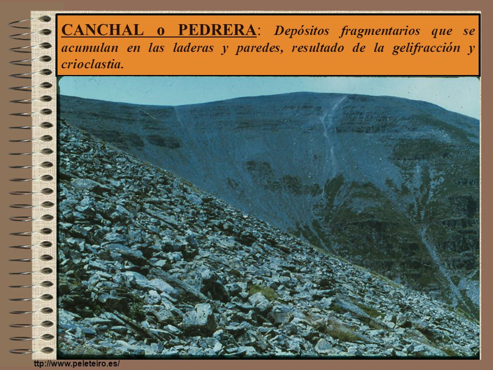 CANCHAL o PEDRERA: Depósitos fragmentarios que se acumulan en las laderas y paredes, resultado de la gelifracción y crioclastia.