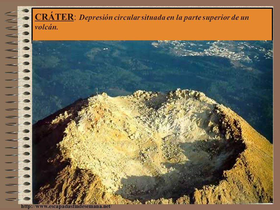 CRÁTER: Depresión circular situada en la parte superior de un volcán.