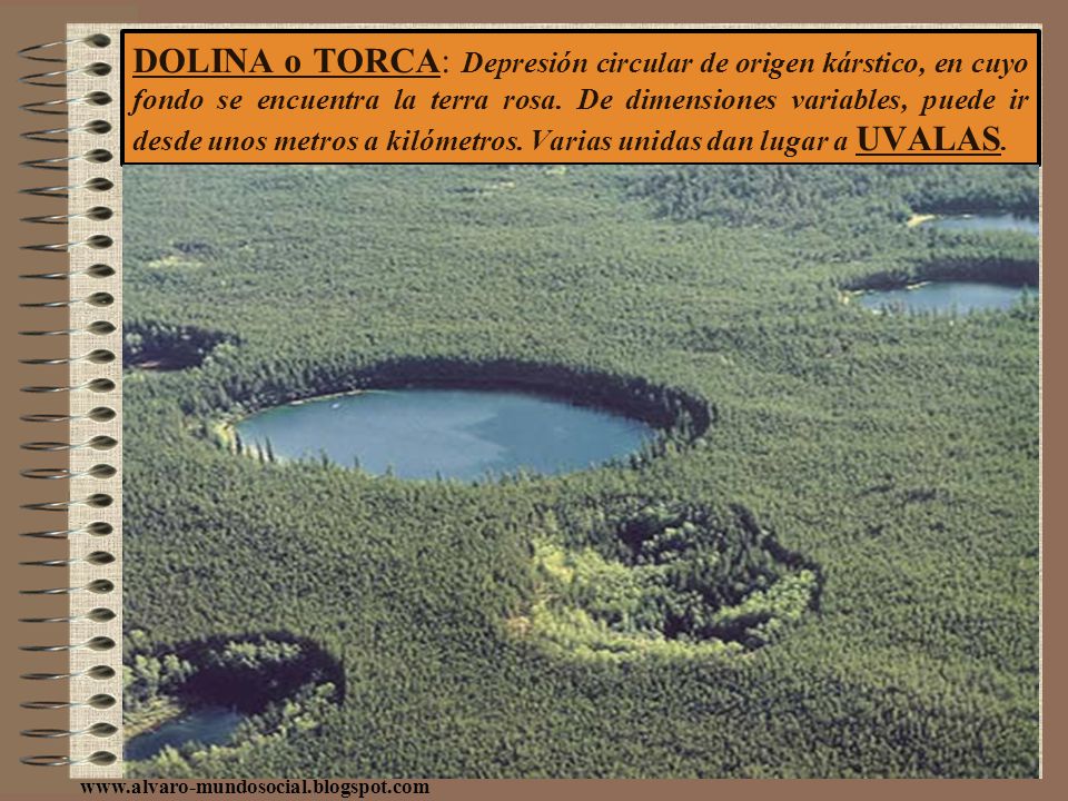DOLINA o TORCA: Depresión circular de origen kárstico, en cuyo fondo se encuentra la terra rosa. De dimensiones variables, puede ir desde unos metros a kilómetros. Varias unidas dan lugar a UVALAS.