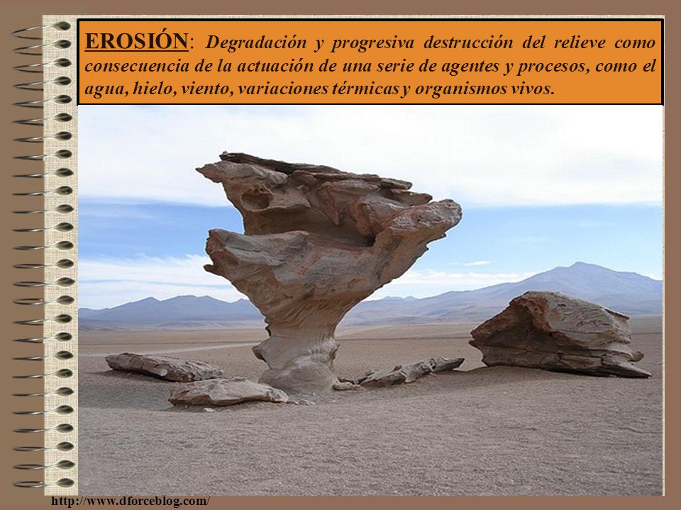 EROSIÓN: Degradación y progresiva destrucción del relieve como consecuencia de la actuación de una serie de agentes y procesos, como el agua, hielo, viento, variaciones térmicas y organismos vivos.