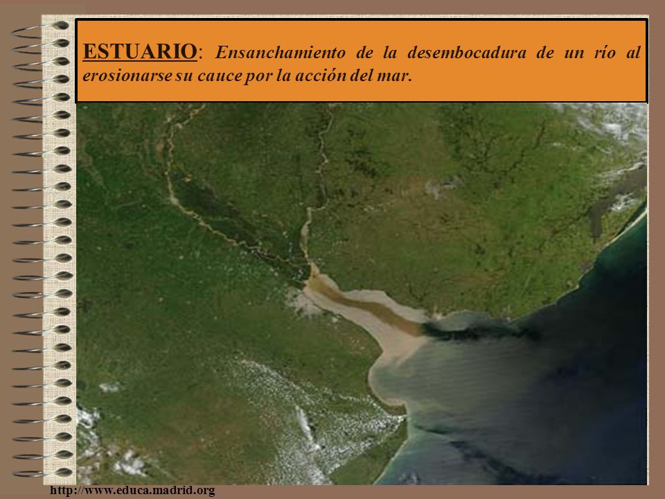 ESTUARIO: Ensanchamiento de la desembocadura de un río al erosionarse su cauce por la acción del mar.