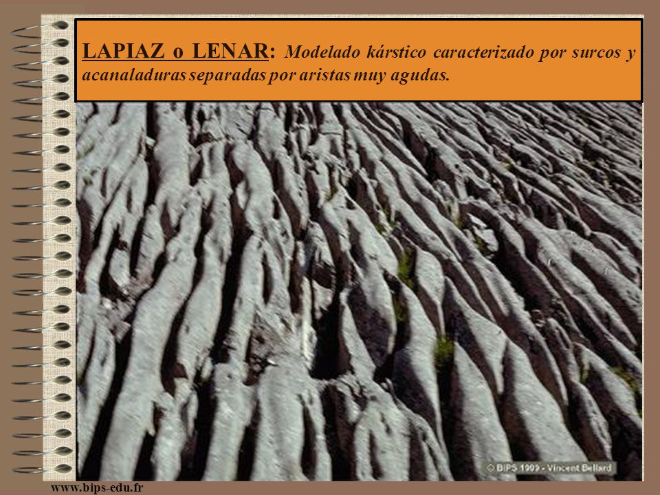 LAPIAZ o LENAR: Modelado kárstico caracterizado por surcos y acanaladuras separadas por aristas muy agudas.