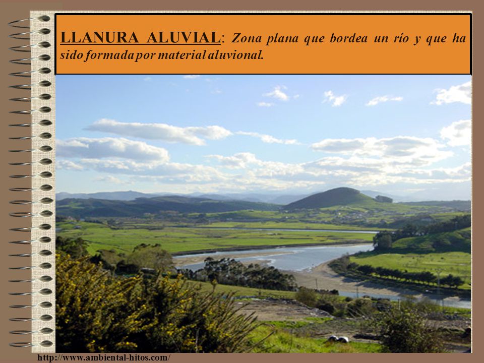 LLANURA ALUVIAL: Zona plana que bordea un río y que ha sido formada por material aluvional.