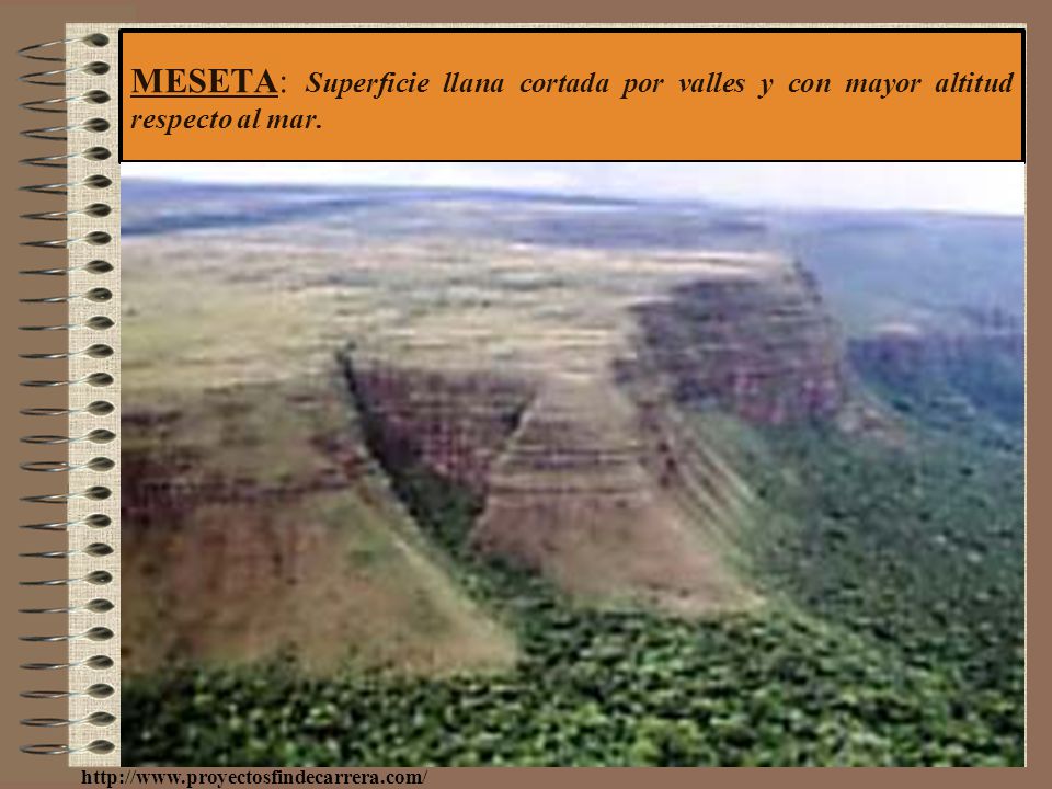 MESETA: Superficie llana cortada por valles y con mayor altitud respecto al mar.