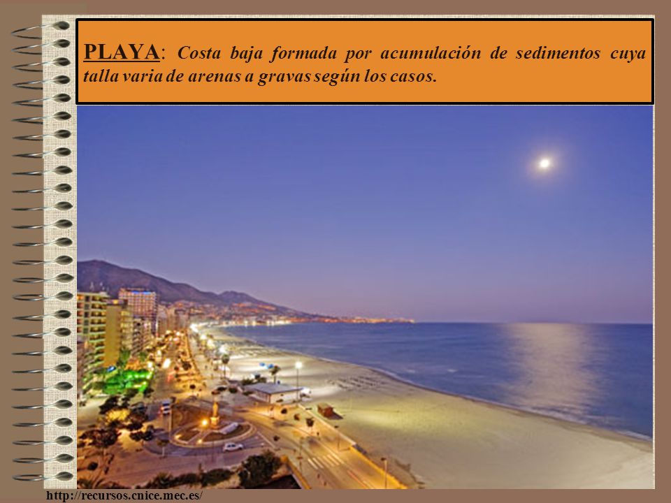 PLAYA: Costa baja formada por acumulación de sedimentos cuya talla varia de arenas a gravas según los casos.