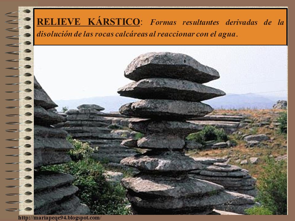 RELIEVE KÁRSTICO: Formas resultantes derivadas de la disolución de las rocas calcáreas al reaccionar con el agua.