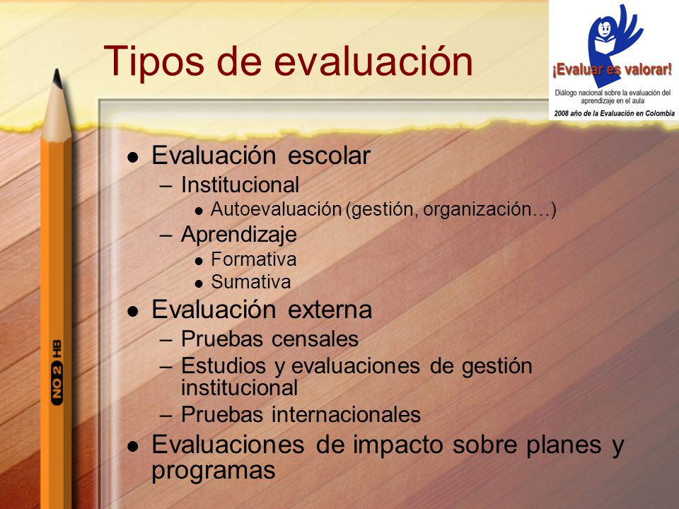 Tipos de evaluación Evaluación escolar Evaluación externa