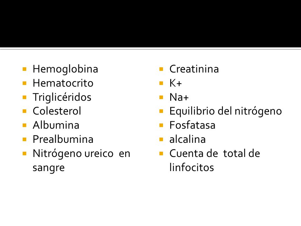 Hemoglobina Hematocrito. Triglicéridos. Colesterol. Albumina. Prealbumina. Nitrógeno ureico en sangre.
