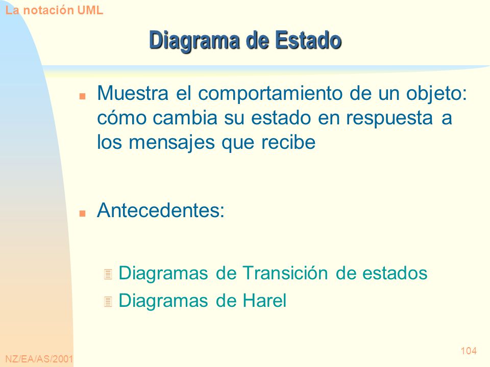 La notación UML Diagrama de Estado. Muestra el comportamiento de un objeto: cómo cambia su estado en respuesta a los mensajes que recibe.