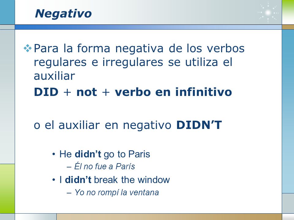 DID + not + verbo en infinitivo o el auxiliar en negativo DIDN’T
