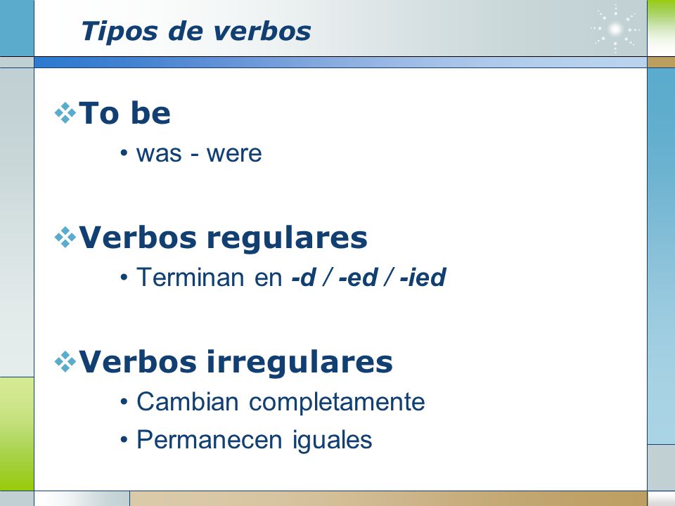 To be Verbos regulares Verbos irregulares Tipos de verbos was - were