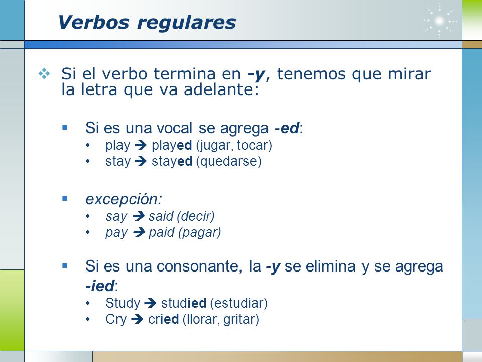 Verbos regulares Si el verbo termina en -y, tenemos que mirar la letra que va adelante: Si es una vocal se agrega -ed: