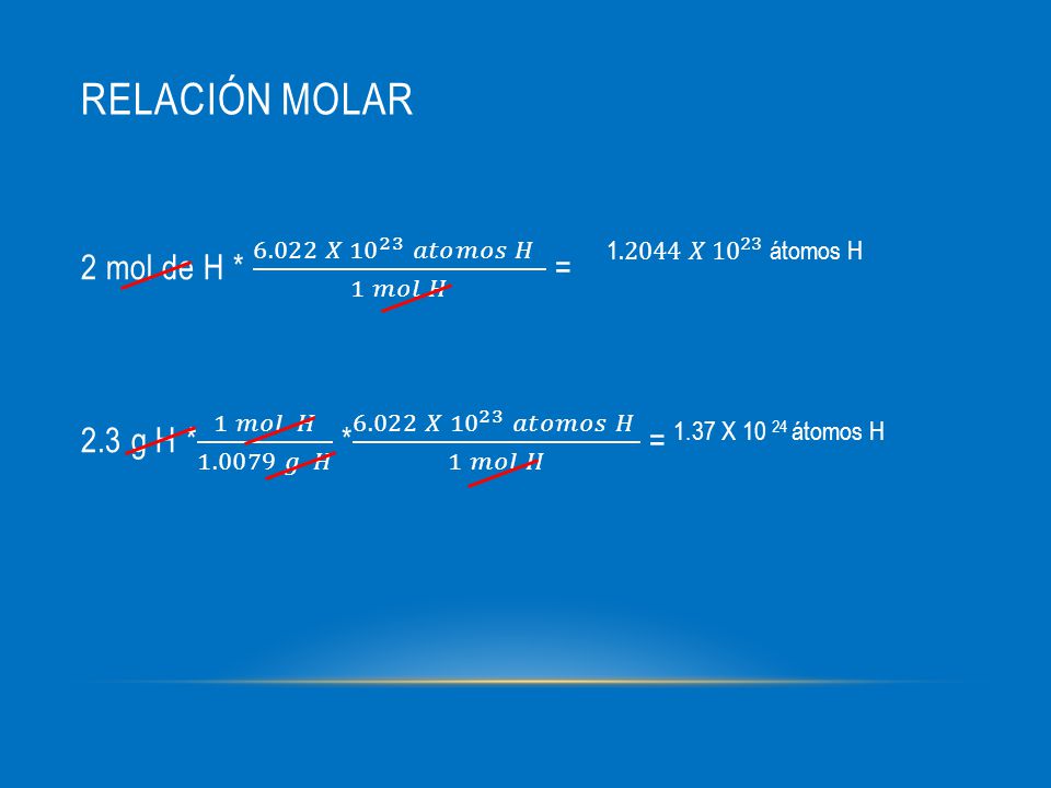 Relación molar 2 mol de H * 𝑋 𝑎𝑡𝑜𝑚𝑜𝑠 𝐻 1 𝑚𝑜𝑙 𝐻 =