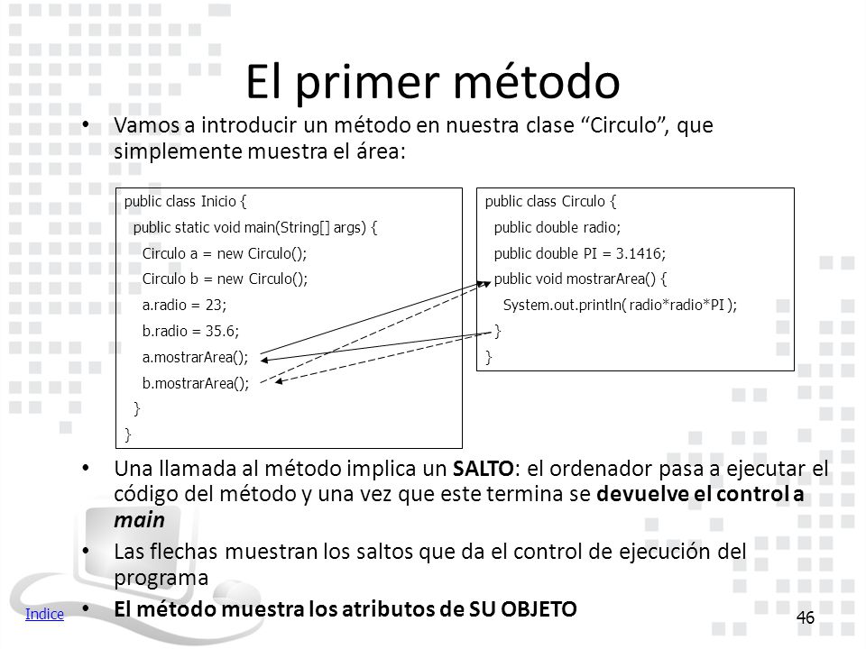 El primer método Vamos a introducir un método en nuestra clase Circulo , que simplemente muestra el área: