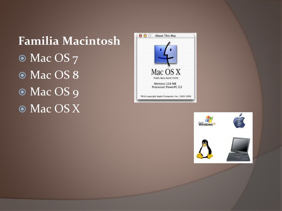 Familia Macintosh Mac OS 7 Mac OS 8 Mac OS 9 Mac OS X