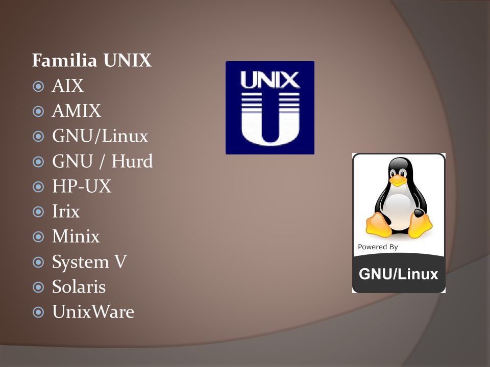 Familia UNIX AIX AMIX GNU/Linux GNU / Hurd HP-UX Irix Minix System V Solaris UnixWare