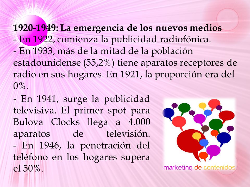 : La emergencia de los nuevos medios - En 1922, comienza la publicidad radiofónica. - En 1933, más de la mitad de la población estadounidense (55,2%) tiene aparatos receptores de radio en sus hogares. En 1921, la proporción era del 0%.