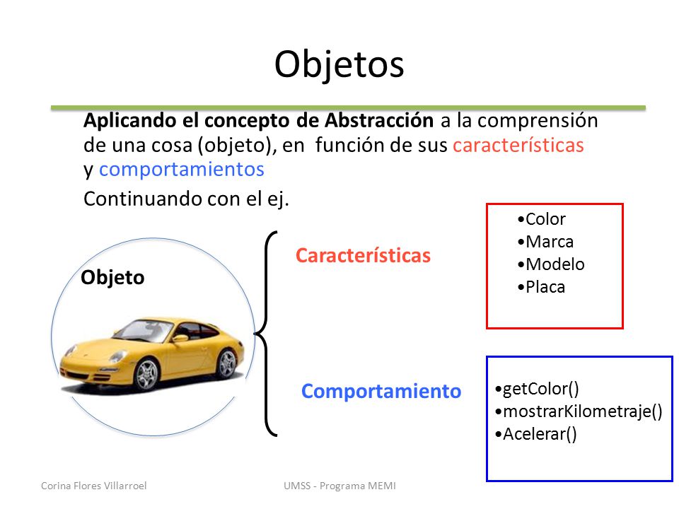 Objetos Aplicando el concepto de Abstracción a la comprensión de una cosa (objeto), en función de sus características y comportamientos.