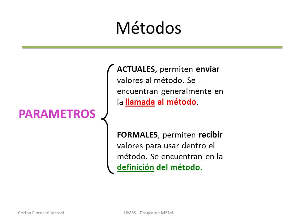 Métodos ACTUALES, permiten enviar valores al método. Se encuentran generalmente en la llamada al método.
