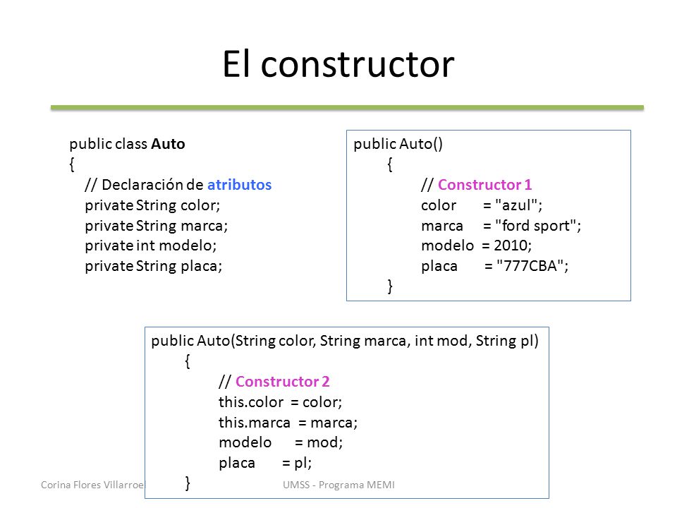 El constructor public class Auto { // Declaración de atributos