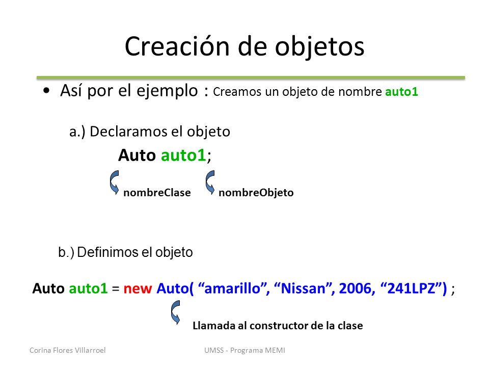 Creación de objetos Así por el ejemplo : Creamos un objeto de nombre auto1. a.) Declaramos el objeto.