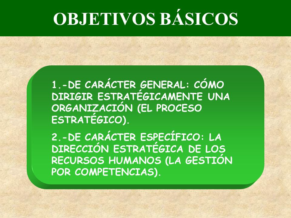 OBJETIVOS BÁSICOS 1.-DE CARÁCTER GENERAL: CÓMO DIRIGIR ESTRATÉGICAMENTE UNA ORGANIZACIÓN (EL PROCESO ESTRATÉGICO).