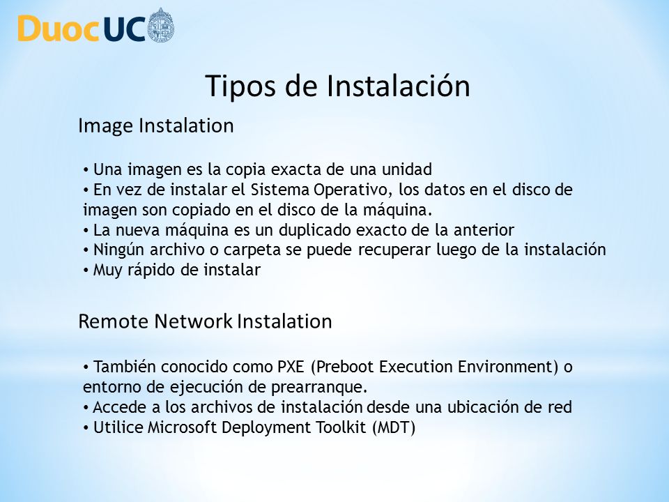 Tipos de Instalación Image Instalation Remote Network Instalation