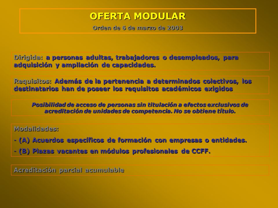 OFERTA MODULAR Orden de 6 de marzo de Dirigida: a personas adultas, trabajadores o desempleados, para adquisición y ampliación de capacidades.