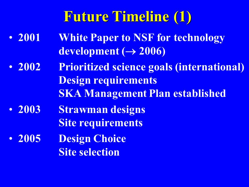 Future Timeline (1) 2001 White Paper to NSF for technology development ( 2006)