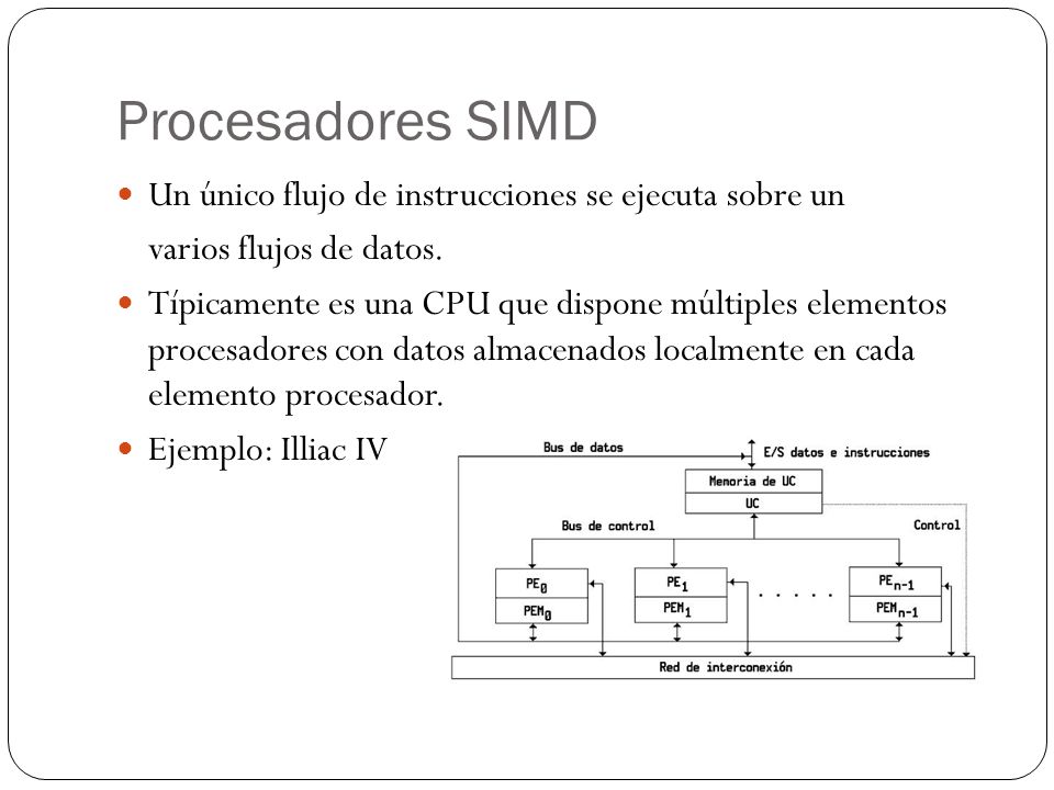 Procesadores SIMD Un único flujo de instrucciones se ejecuta sobre un