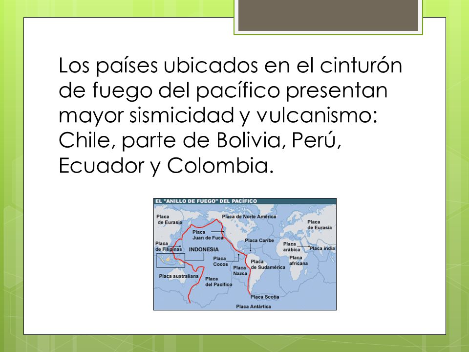 Los países ubicados en el cinturón de fuego del pacífico presentan mayor sismicidad y vulcanismo: Chile, parte de Bolivia, Perú, Ecuador y Colombia.